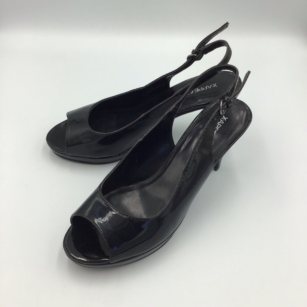 Xappeal Glossy Black Peep-Toe Slingback Heels. Elegant and Classic. Size 8